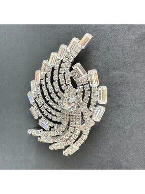 Vintage Clear Rhinestone Brooch Hurricane Silver Tone